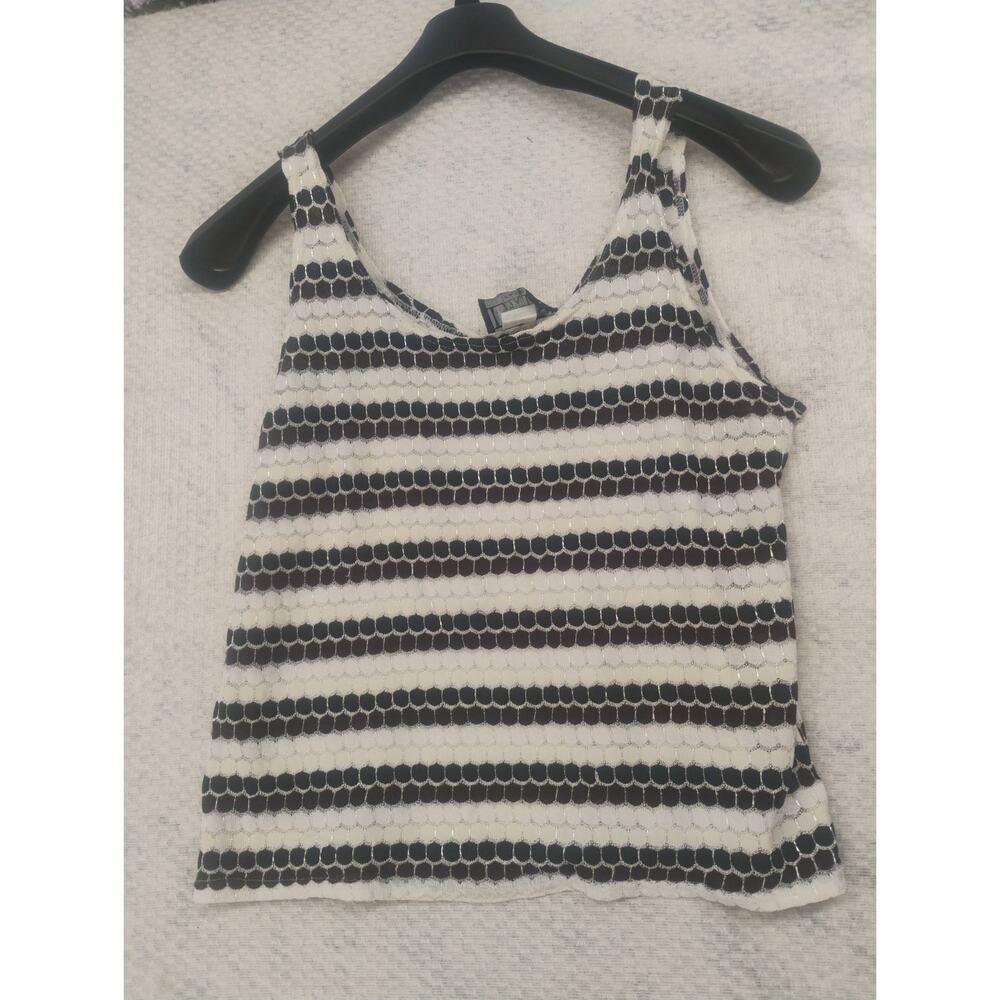 VTG Liza B. Paris Crochet Knit Tank Top Black White Mesh Stripe XL Y2k Spring 90